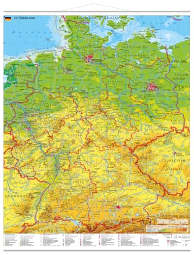 Deutschland physisch mit UNESCO Welterbestätten und Nationalparks Wandkarte mit Metallbeleistung NEUE AUFLAGE
