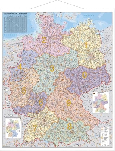 Deutschland Postleitzahlenkarte, Stiefel Wandkarten Kleinformat 67 x 87 cm, mit Metallstäben, laminiert: Wandkarte mit Metallbeleistung