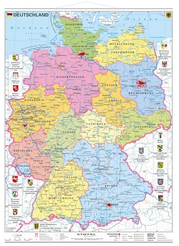 Deutschland politisch mit Wappen - Wandkarte mit Metallbeleistung NEUE AUFLAGE von Stiefel