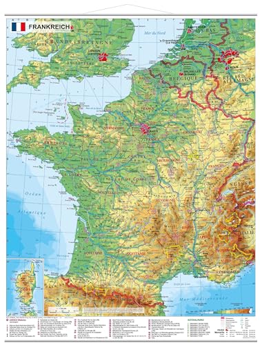 Frankreich physisch mit UNESCO-Welterbestätten und Nationalparks - Wandkarte mit Metallbeleistung NEUE AUFLAGE: mit UNESCO-Welterbestätten und Nationalparks, Kleinformat