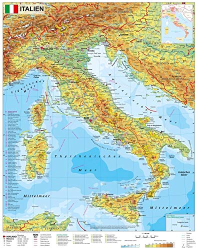 Italien physisch mit UNESCO-Welterbestätten und Nationalparks - Wandkarte / Poster NEUE AUFLAGE Italien physisch mit UNESCO-Welterbestätten und Nationalparks - Wandkarte / Poster NEUE AUFLAGE
