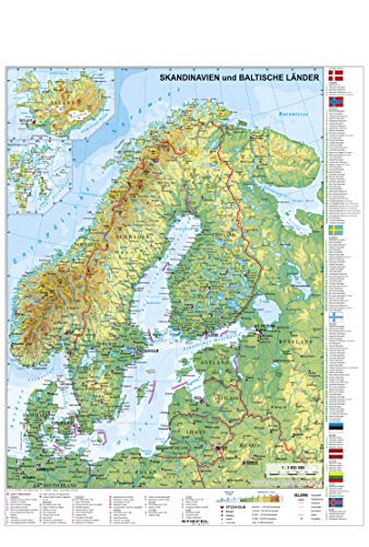 Skandinavien und Baltikum physisch mit UNESCO-Welterbestätten und Nationalparks - Wandkarte / Poster NEUE AUFLAGE
