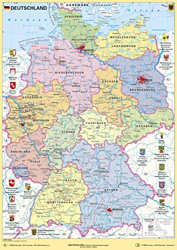 Deutschland politisch mit Bundesländerwappen: umweltfreundliches Lernposter NEUE AUFLAGE