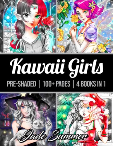 100 Kawaii Girls Grayscale: An Adult Coloring Book Collection with Cute Portraits, Fantasy, Horror, Christmas, and More! (Grayscale Coloring Books)