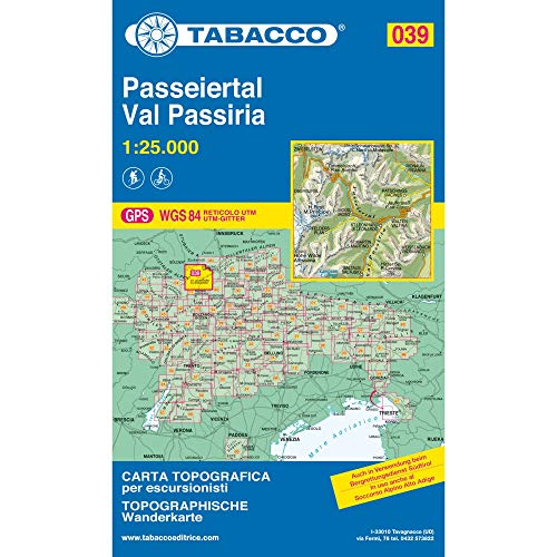 Passeiertal: Wanderkarte Tabacco 039. 1:25000: GPS. UTM-Gitter (Carte topografiche per escursionisti, Band 39) von Tabacco editrice