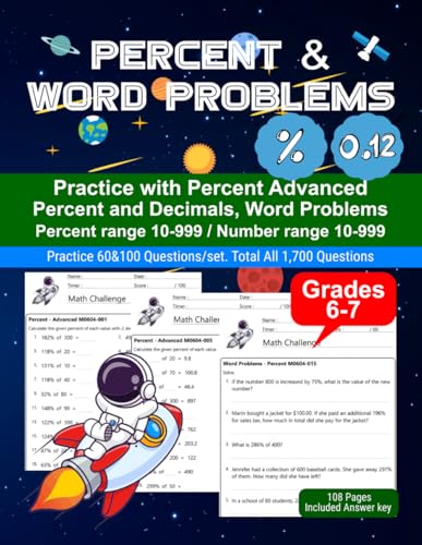 Percent and Word Problems: Math Drill, Practice Book, Workbook, Decimals, Grades 6-7, Ages 11-13 (Advanced Math Skills) von Independently published