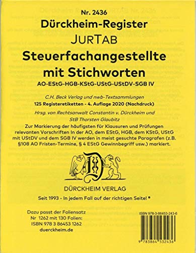 DürckheimRegister STEUERFACHANGESTELLTE mit Stichworten: 120 Registeretiketten (sog. Griffregister) für AO, EStG, HGB, KStG, UStG, UStDV, SGB IV • In ... • In jedem Fall auf der richtigen Seite von Drckheim Verlag GmbH