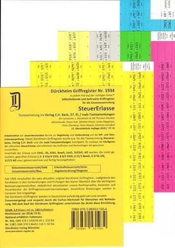 STEUERERLASSE Dürckheim-Griffregister Nr. 1934 (2018/57. EL): 160 bedruckte Griffregister für die Steuererlasse. Für die Gesetzessammlungen C.H. Beck ... bedruckte Griffregister für die SteuerErlasse