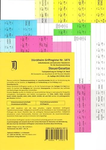 STEUERGESETZE Dürckheim-Griffregister Nr. 1873 (2018/192.EL): 191 selbstklebende und farbig bedruckte Griffregister ***DIE NEUAUFLAGE 2019 HAT DIE ... C.H. Beck Verlag oder nwb-Textsammlungen.