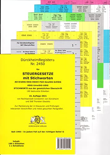 DürckheimRegister STEUERGESETZE mit Stichworten: 190 Registeretiketten (sog. Griffregister) wichtige §§ im EStG, LStG, EStDV, UStG, ErbStG, BewG, AO ... • In jedem Fall auf der richtigen Seite von DürckheimRegister Seit 1999 Nr. 1
