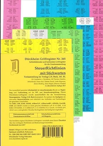 STEUERRICHTLINIEN Dürckheim-Griffregister Nr. 265 (2017/2018) mit Stichworten:bedruckte Griffregister für C.H. Beck Verlag und nwb-Textsammlung, NEUAUFLAGE-2018 hat die ISBN 9783864531927