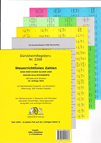 DürckheimRegister STEUERRICHTLINIEN Gesetze und §§: 192 Registeretiketten (sog. Griffregister) STEUERRICHTLINIEN nur §§ und Zahlen ohne Stichworte • ... • In jedem Fall auf der richtigen Seite von Drckheim Verlag GmbH