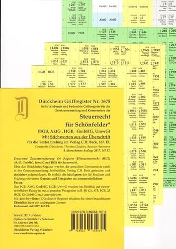 STEUERRECHT für Schönfelder (Wirtschaftsgesetze) mit Stichworten : AktG, BGB, GmbHG, HGB, Griffregister Nr 1675 (2017/2018). Die Neuauflage 2018 ist erschienen: ISBN 9783864532047