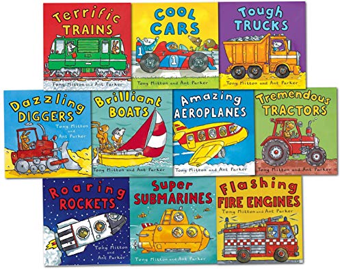 Amazing Machines Truckload Children Collection Tony Mitton 10 Books Set (TERRIFIC TRAINS, TREMENDOUS TRACTORS, TOUGH TRUCKS, DAZZLING DIGGERS, SUPER SUBMARINES, BRILLIANT BOATS, ROARING ROCKETS, COOL CARS, FLASHING FIRE ENGINES, AMAZING AEROPLANES)