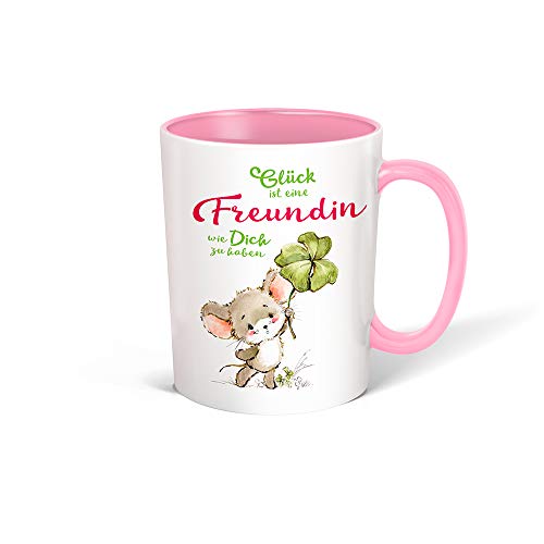 Trötsch Tasse Glück Freundin weiß rosa: Kaffeetasse Teetasse Geschenkidee Geschenk (Keramiktasse / Glücksmaus) von Trötsch