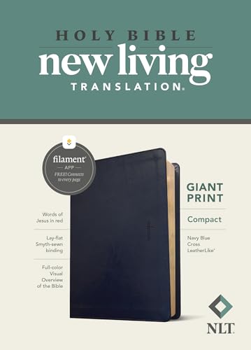 Holy Bible: New Living Translation, Navy Blue Cross LeatherLike, Filament App, Giant Pring