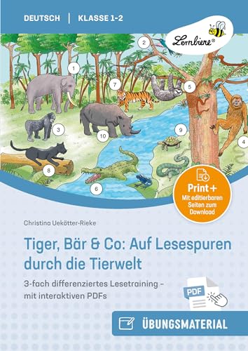 Tiger, Bär & Co: Auf Lesespuren durch die Tierwelt: 3-fach differenziertes Lesetraining für Klasse 1 und 2 - mit interaktiven PDFs