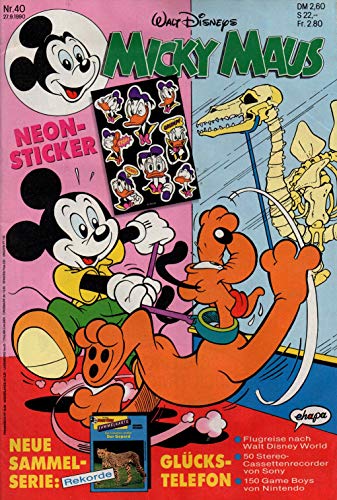 Micky Maus Zeitschrift - Nr. 40 - Vom 27.09.1990 - Komplett mit den Heft-Extras "9x Donald Duck Neon-Sticker und 4 Sammelkarten (neue Sammelserie: Rekorde)" - Heft, Magazin, Broschüre, Lektüre