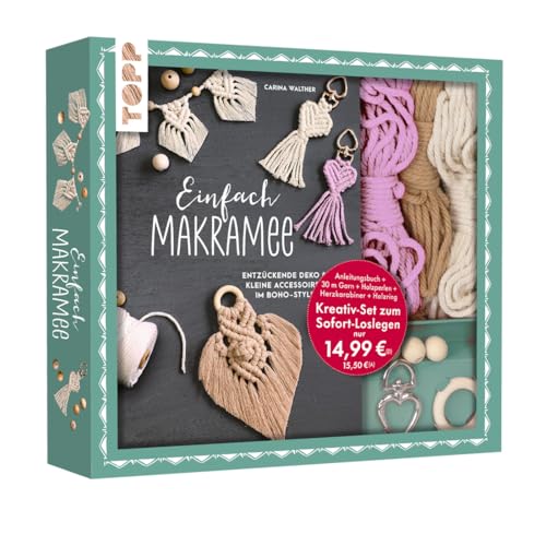 Kreativ-Set Einfach Makramee. Mit Anleitungsbuch und Material: Box (24 x 21,5 x 3,5 cm), Buch (32 S., DIN A5, Softcover), 30 m Garn in 3 Farben, Holzperlen, Holzring, Herzkarabinier von Frech