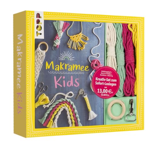 Kreativ-Set Makramee Kids: Buch mit Grundlagen und Anleitungen für tolle Makramee-Projekte, Garn in 4 Farben, Holzring und Schlüsselanhänger für Regenbogen und Schlüsselanhänger (Buch plus Material) von TOPP