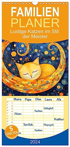 Familienplaner 2024 - Lustige Katzen im Stil der Meister mit 5 Spalten (Wandkalender, 21 cm x 45 cm) CALVENDO