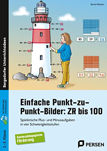 Einfache Punkt-zu-Punkt-Bilder: ZR bis 100: Spielerische Plus- und Minusaufgaben in vier Schwierigkeitsstufen - SoPäd-Förderung (2. bis 5. Klasse)