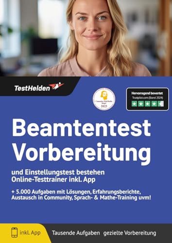 Beamtentest Vorbereitung und Einstellungstest bestehen: Online-Testtrainer inkl. App I + 5.000 Aufgaben mit Lösungen, Erfahrungsberichte, Austausch in Community, Sprach- & Mathe-Training uvm! von eHEROES GmbH