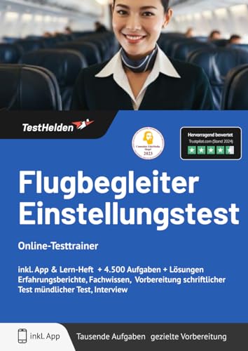 Flugbegleiter Einstellungstest Online-Testtrainer inkl. App & Mathe Lern-Buch I + 4.500 Aufgaben + Lösungen I Erfahrungsberichte, Logik, Allgemeinwissen, Sprache, Konzentration & Fachwissen von eHEROES GmbH