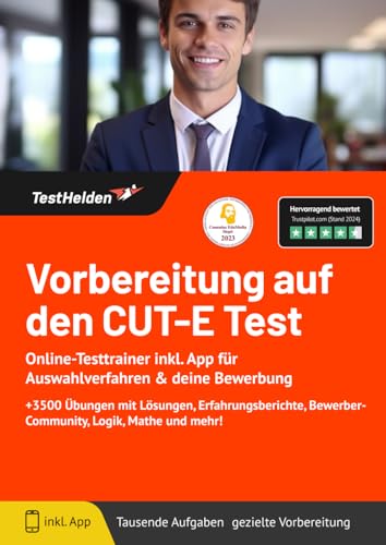 Vorbereitung auf den CUT-E Test: Online-Testtrainer inkl. App für Auswahlverfahren & deine Bewerbung | +3500 Übungen mit Lösungen, Erfahrungsberichte, Bewerber-Community, Logik, Mathe und mehr!