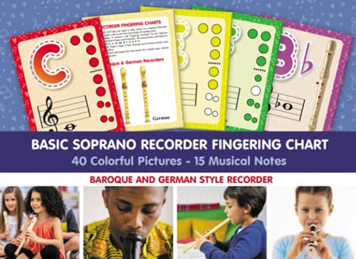Basic Soprano Recorder Fingering Chart - 40 Colorful Pictures - 15 Musical Notes: Baroque and German Style Recorder (Fingering Charts for Woodwind Instruments)