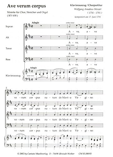 Partition : Ave verum KV 618 - Gemischter Chor (SATB), Streicher, Orgel - Klavierauszug/Piano reduction/Réduction Piano