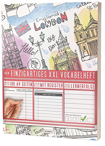 Mein Einzigartiges XXL Vokabelheft: 100+ Seiten, 2 Spalten, Register / Lernerfolge auf jeder Seite zum Abhaken / PR101 "Englisch Stamps" / DIN A4 Softcover