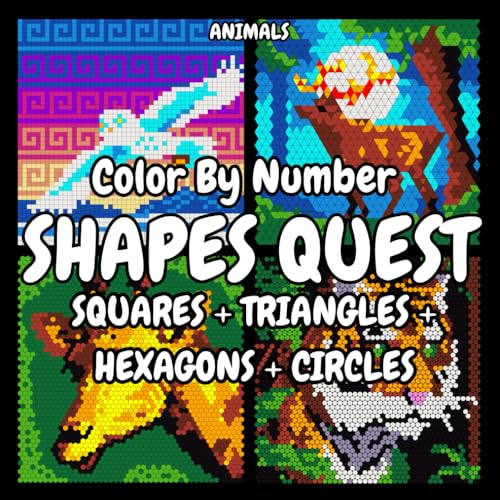 SHAPES ANIMAL QUEST Color By Number: Squares + Triangles + Hexagons + Circles: Color activity quest book for adults (BLACK Background) mystery mosaic (Color By Number Shapes Quest) von Autopubblicato