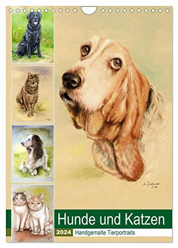 Hunde und Katzen - Handgemalte Tierportraits (Wandkalender 2024 DIN A4 hoch), CALVENDO Monatskalender