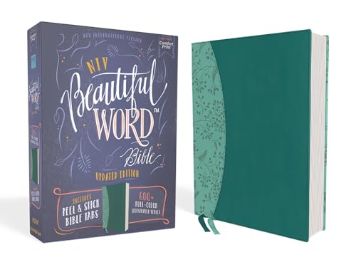 NIV, Beautiful Word Bible, Updated Edition, Peel/Stick Bible Tabs, Leathersoft, Teal, Red Letter, Comfort Print: 600+ Full-Color Illustrated Verses