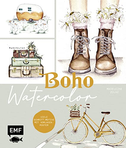 Boho Watercolor: Aquarell-Motive Schritt für Schritt im Vintage-Look malen – Mit Vorlagen-Poster