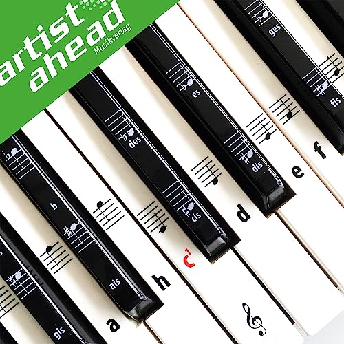 ARTIST AHEAD Noten Aufkleber für Klavier & Keyboard – Piano Sticker Komplettset für 49 / 61 / 76 / 88 schwarze + weiße Tasten / C-D-E-F-G-A-H (inkl. Anleitung, Holzspatel & Mikrofasertuch)