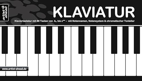 Klaviatur: Ausklappbare Klaviertastatur mit 88 Tasten von A2 bis c5 – mit Notennamen, Notensystem & chromatischer Tonleiter (360g-Kartonpapier). Lernhilfe für Anfänger. Klaviernoten.