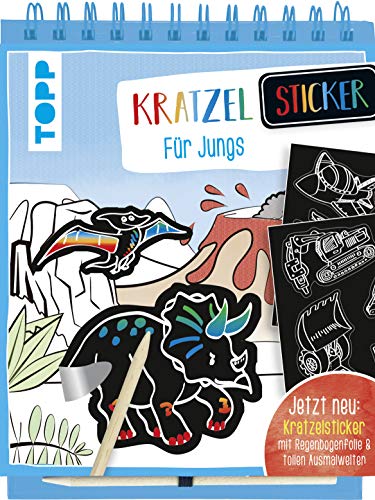 Kratzel-Stickerbuch für Jungs: Kratzelbuch mit über 60 Stickern zum Kratzeln, 20 Ausmalseiten und Holz-Kratzstift.