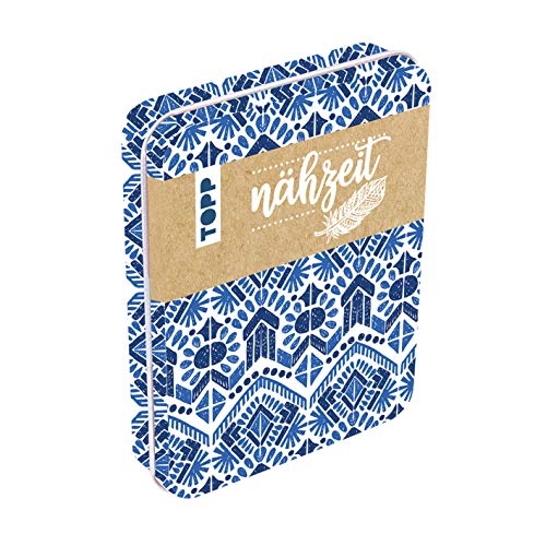 Nähzeit Reise-Nähset mit Metalldose Blau/Weiß: Metalldose (ca. 12,5 x 9,5 cm) mit Schere, Maßband, Nahtauftrenner, Nähgarn, Nadeln, Einfädelhilfe und Sicherheitsnadeln