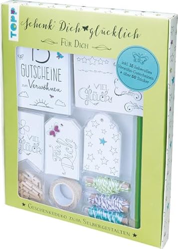 Schenk' Dich glücklich Geschenkedeko-Set Für Dich: Geschenkedeko zum Selbergestalten: Gutscheinheft, Sticker, Geschenkanhänger und Masking Tape zum ... und Bakers Twine in Lila, Blau und Grün