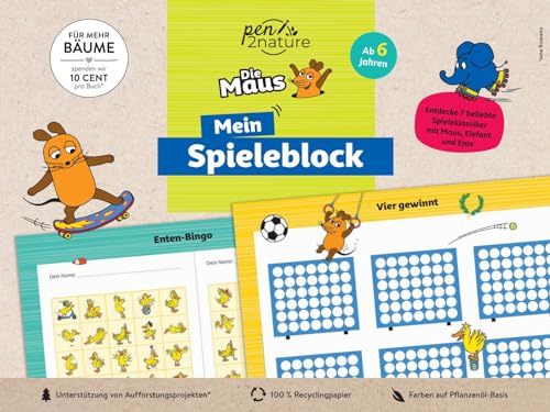Die Maus - Mein Spieleblock: Über 80 Spielvorlagen für Kinder ab 6 Jahren | Nachhaltiger Soiel-Spaß auf 100% Recyclingpapier (pen2nature Die Maus)