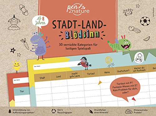 Stadt-Land-Blödsinn. Bunter Spiele-Block für Kinder ab 8 Jahren: Nachhaltiger Spielspaß auf Recyclingpapier. Für Zuhause, Urlaube und Spieleabende mit der Familie (pen2nature family)