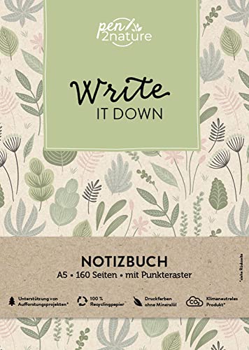 Write It Down • Nachhaltiges Notizbuch in A5 mit Hardcover und Pflanzen-Motiv: Eintragbuch mit weißen Seiten und Punktemuster. Umweltfreundliches ... praktisches Bullet-Journal (pen2nature books) von Good Life Books & Media GmbH