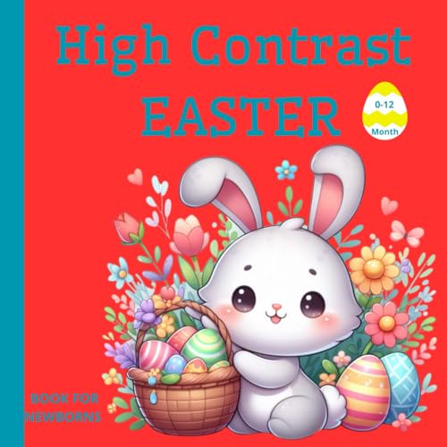 A high contrast book with an Easter theme.: Black and white pictures of bunnies to develop the mind of a newborn 0-12 months.