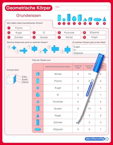 Geometrische Körper - Grundwissen - wiederbeschreibbare Lerntafel mit Stift: Trocken abwischbar mit rückseitiger Selbstkontrolle Geometrische Körper - Grundwissen - wiederbeschreibbare Lerntafel mit Stift: Trocken abwischbar mit rückseitiger Selbstkontrolle von Sternchenverlag GmbH
