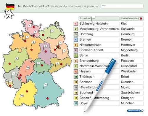 Ich kenne Deutschland - Bundesländer und Landeshauptstädte: Für die 3. bis 5. Klasse - Stabile wiederbeschreibbare Lernvorlage im großen Format, 32,5 ... 32,5 x 25 cm (Vorder- und Rückseite) von Sternchenverlag GmbH