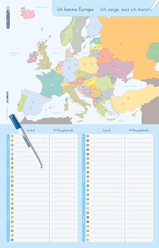 Ich kenne Europa - Länder und Hauptstädte - Lerntafel mit Stift: Für die 2. bis 5. Klasse - Stabile, wiederbeschreibbare Lernvorlage im großen Format, trocken abwischbar ohne zu schmieren von sternchenverlag