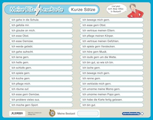 Meine Blitzlesekarte - Kurze Sätze: Stabile Lernvorlage für die 1. Klasse - Leseförderung - DaZ Meine Blitzlesekarte - Kurze Sätze: Stabile Lernvorlage für die 1. Klasse - Leseförderung - DaZ