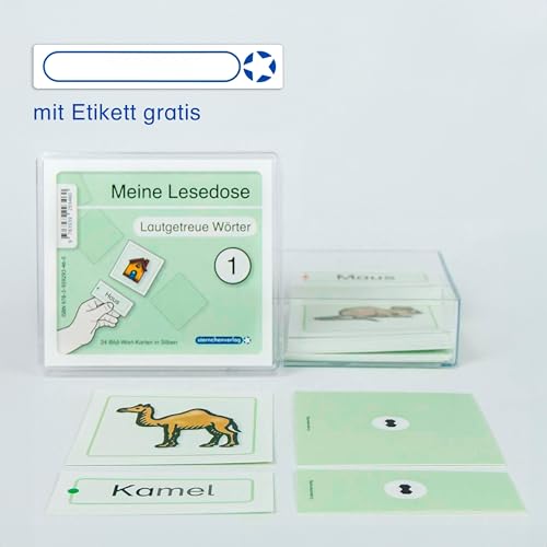 Meine Lesedose 1 - Lautgetreue Wörter: 24 Bild-Wort-Karten in Sprechsilben mit Selbstkontrolle in der Box und Etikett gratis: 24 Bild-Wort-Karten in Silben.